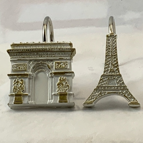 Paris Eiffel Tower Shower Hooks Arc de Triomphe French Resin White Gold 12 PC - Picture 3 of 16
